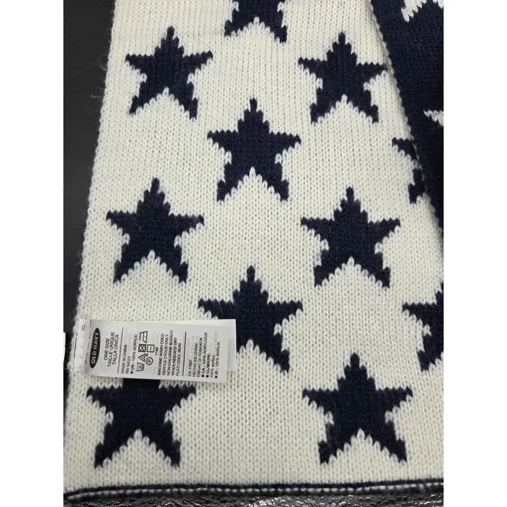 Old Navy American Flag Knit Scarf & Pom Beanie Hat Set Red White Blue OS